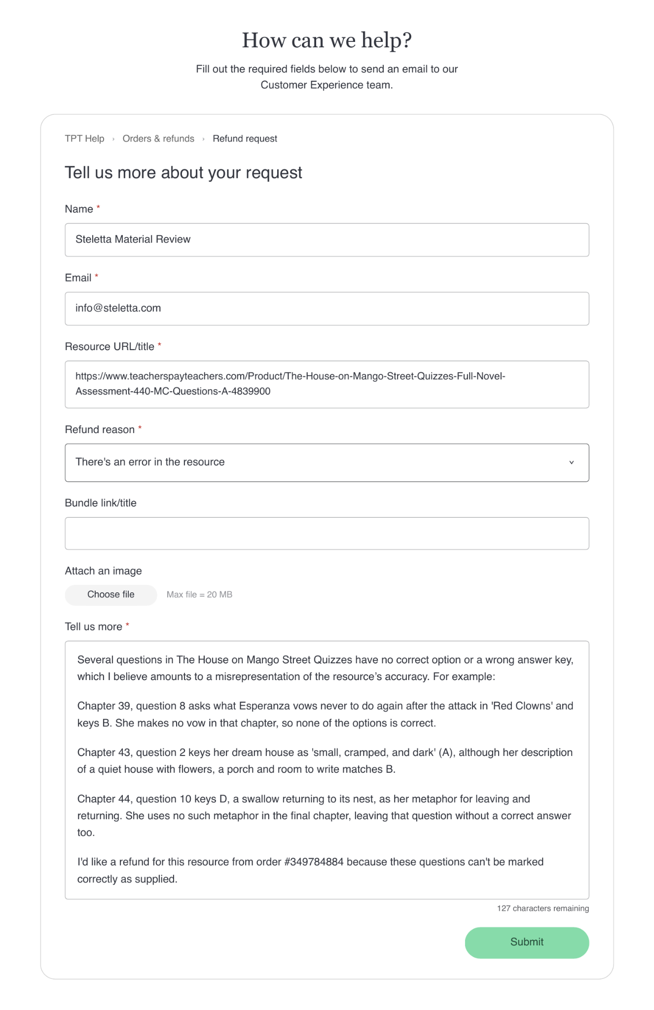 Completed TPT refund form identifying specific question and answer-key errors and explaining why the resource was misrepresented.